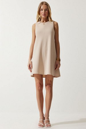 Женское кремовое летнее тканое платье-колокольчик с круглым вырезом RV00160