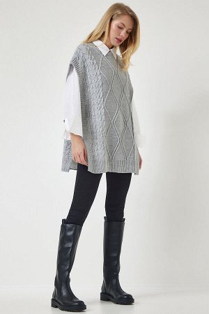 Женский серый вязаный свитер оверсайз с завязками YG00104