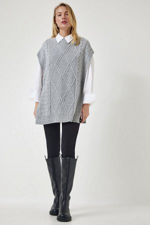 Женский серый вязаный свитер оверсайз с завязками YG00104