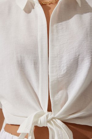 Женская льняная блузка с белым галстуком и деталями MX00151