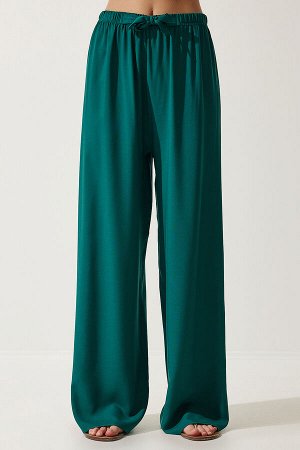 Женские изумрудно-зеленые струящиеся трикотажные брюки-палаццо EN00610