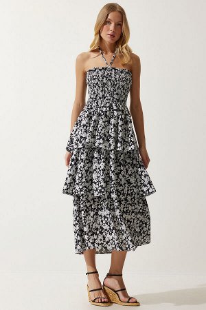 Женское черное летнее вискозное платье с воланами с цветочным принтом UB00226