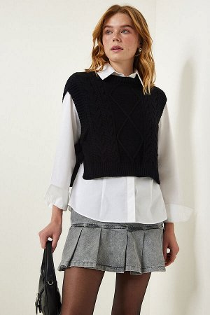 Женский укороченный вязаный свитер черного цвета с завязками MW00131