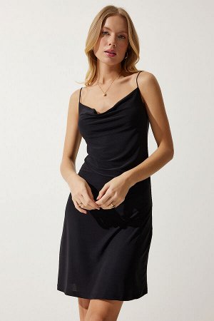 happinessistanbul Женское черное трикотажное платье Saran Mini Sandy с круглым вырезом ZV00268