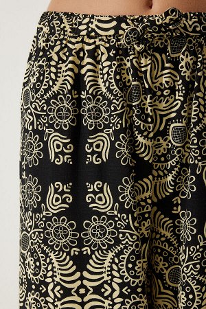 Женские черные бежевые брюки-палаццо из необработанного льна с рисунком BH00397