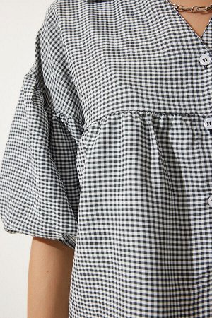 Женская черная тканая рубашка в мелкую клетку с объемными рукавами RG00013