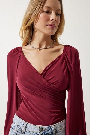 Женская трикотажная блузка песочного цвета с эластичными рукавами вишневого цвета FF00154