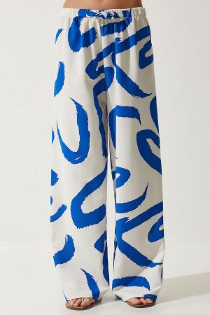Женские бело-синие брюки-палаццо из необработанного льна с рисунком BH00397