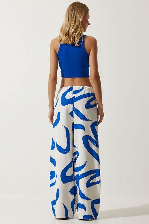 Женские бело-синие брюки-палаццо из необработанного льна с рисунком BH00397