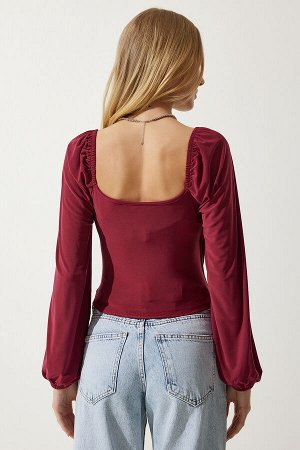 Женская трикотажная блузка песочного цвета с эластичными рукавами вишневого цвета FF00154