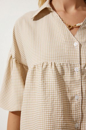 Женская бежевая тканая рубашка в мелкую клетку с объемными рукавами RG00013