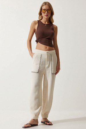 Женские муслиновые брюки кремового цвета с вышивкой SF00019