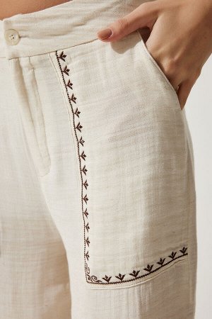 Женские муслиновые брюки кремового цвета с вышивкой SF00019