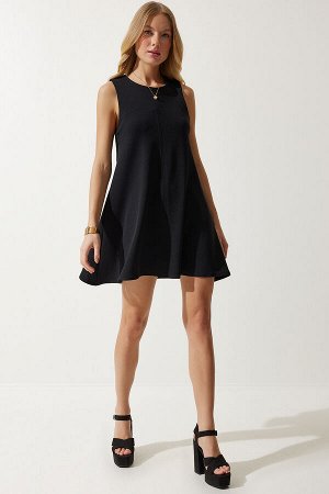 Женское черное летнее тканое платье-колокольчик с круглым вырезом RV00160
