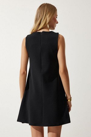 happinessistanbul Женское черное летнее тканое платье-колокольчик с круглым вырезом RV00160