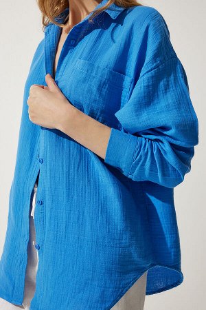 Женская муслиновая рубашка оверсайз с карманами синего цвета MX00150