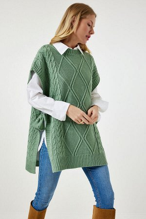 Женский зеленый вязаный свитер оверсайз с завязками YG00104