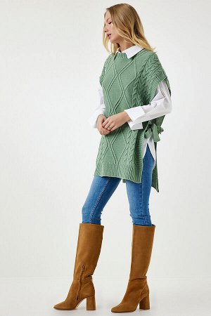 Женский зеленый вязаный свитер оверсайз с завязками YG00104