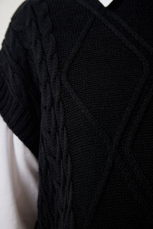 happinessistanbul Женский вязаный свитер оверсайз с черным галстуком YG00104