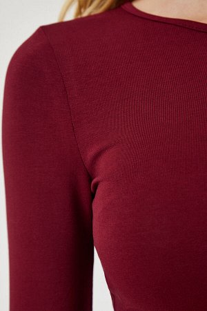 Женская бордово-красная базовая укороченная трикотажная блузка с круглым вырезом OW00034