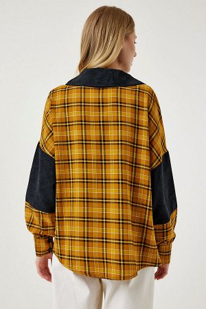 Женская черная горчичная замшевая тканая рубашка с цветными блоками WF00064