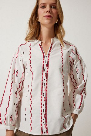 Женская льняная блузка цвета экрю с вышивкой ES00150