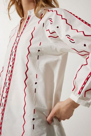 Женская льняная блузка цвета экрю с вышивкой ES00150