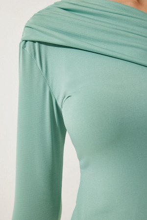 happinessistanbul Женская трикотажная блузка на одно плечо цвета морской волны со сборками ZH00032