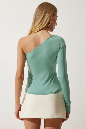 happinessistanbul Женская трикотажная блузка на одно плечо цвета морской волны со сборками ZH00032