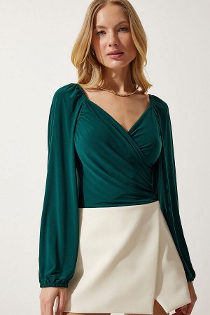 Женская изумрудно-зеленая эластичная блузка с воздушными рукавами песочного цвета FF00154