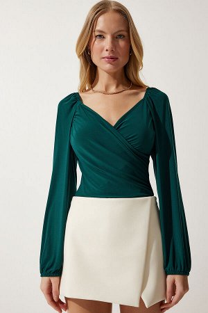 Женская изумрудно-зеленая эластичная блузка с воздушными рукавами песочного цвета FF00154