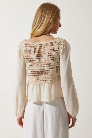 Женская кремовая ажурная льняная блузка с вышивкой ES00159