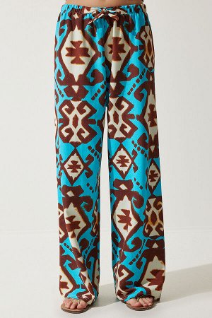 Женские брюки-палаццо из необработанного льна с бирюзовым узором BH00397