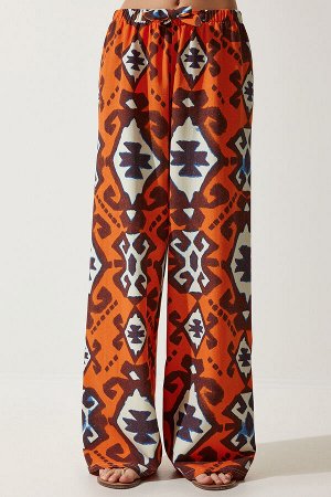Женские оранжевые брюки-палаццо из необработанного льна с рисунком BH00397