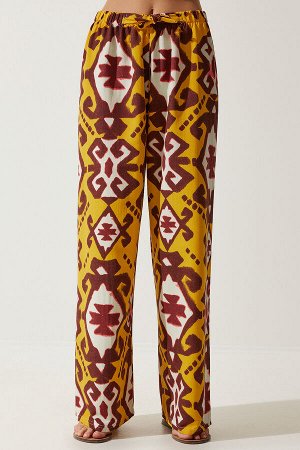Женские брюки-палаццо из необработанного льна с горчичным узором BH00397