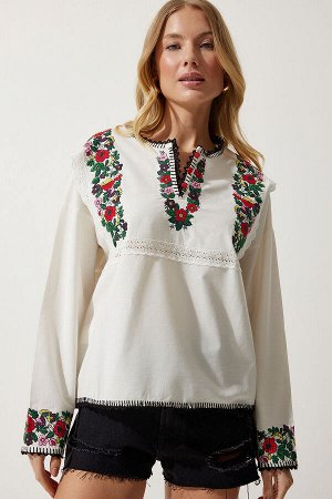 Женская льняная блузка кремового цвета с фестончатой вышивкой и цветочной вышивкой ES00161