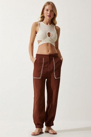 Женские коричневые муслиновые брюки с вышивкой SF00019