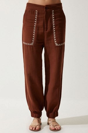 Женские коричневые муслиновые брюки с вышивкой SF00019
