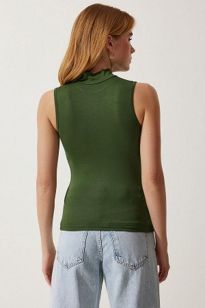 happinessistanbul Женская темно-зеленая вискозная трикотажная блузка без рукавов с высоким воротником RX00050