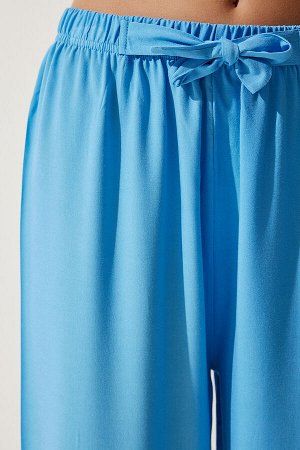 Женские небесно-голубые струящиеся трикотажные брюки-палаццо EN00610