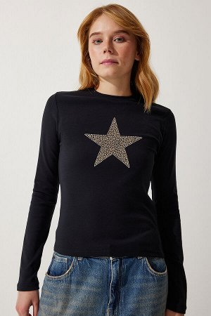 Женская черная трикотажная блузка со звездами UB00253