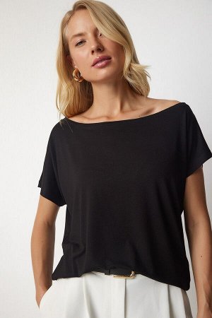 Женская базовая блузка черного цвета с вырезом «лодочка» TO00074
