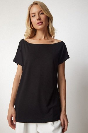 Женская базовая блузка черного цвета с вырезом «лодочка» TO00074