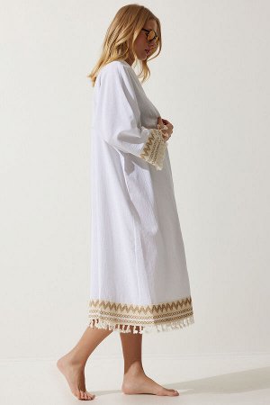 Женское белое гипюровое длинное льняное кимоно с кисточками OH00042