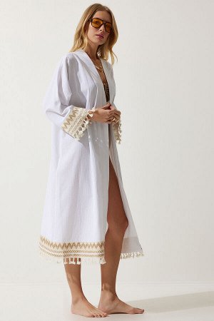 Женское белое гипюровое длинное льняное кимоно с кисточками OH00042