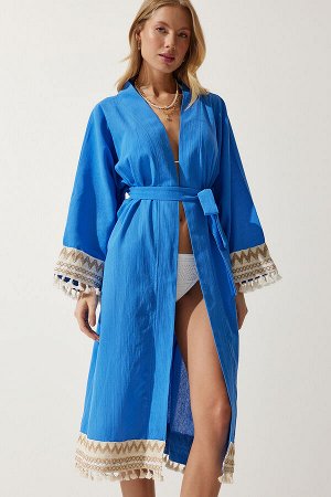Женское синее гипюровое длинное льняное кимоно с кисточками OH00042