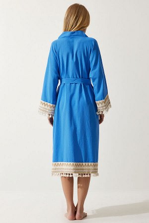 Женское синее гипюровое длинное льняное кимоно с кисточками OH00042