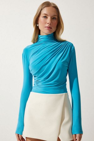happinessistanbul Женская бирюзовая блузка песочного цвета со сборками и высоким воротником FF00135