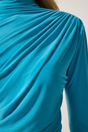 Женская бирюзовая блузка песочного цвета со сборками и высоким воротником FF00135