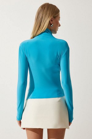 happinessistanbul Женская бирюзовая блузка песочного цвета со сборками и высоким воротником FF00135